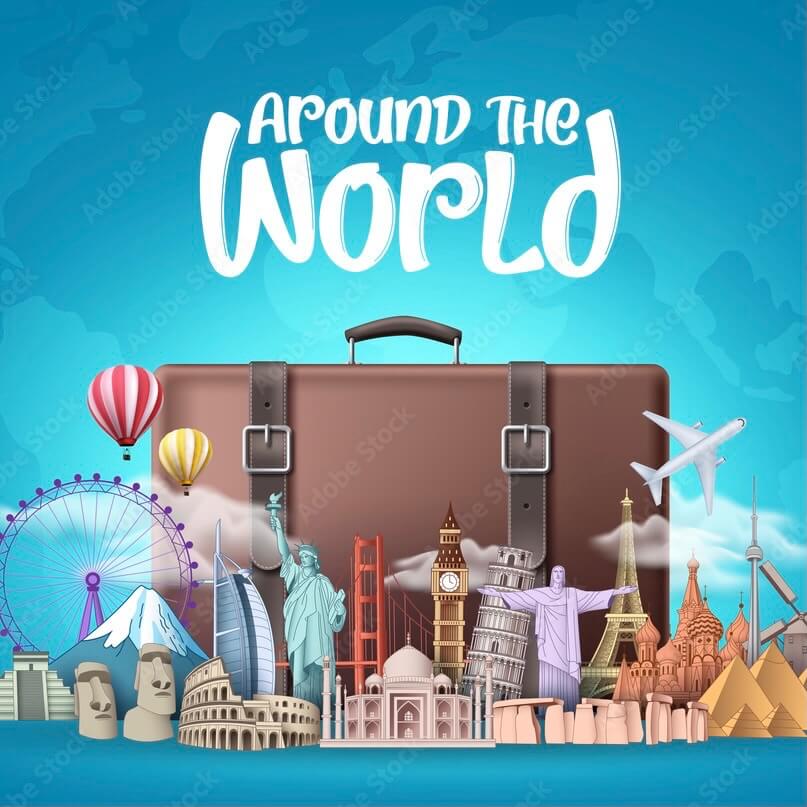 Travel to countries around the world travel poster with suitcase, hot air balloons, planes, Eiffel Tower, Statue of Liberty, and more Travelers' Century Club