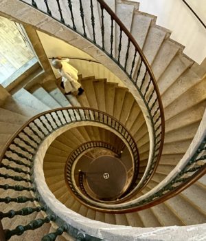 beautiful spiral staircase with entry/exits on different levels